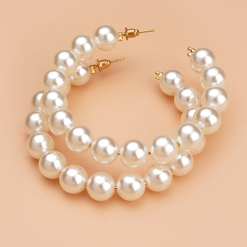 2026 New Fashion Large Hoop Pearl Earrings For Women, European American Style Versatile Exaggerated Statement Earrings