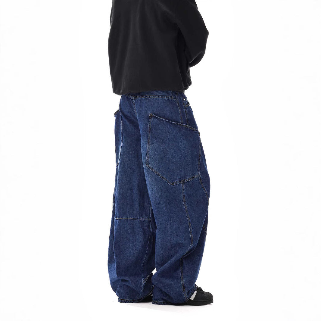 American-style Vintage Design Scimitar Workwear Jeans For Men And Women
