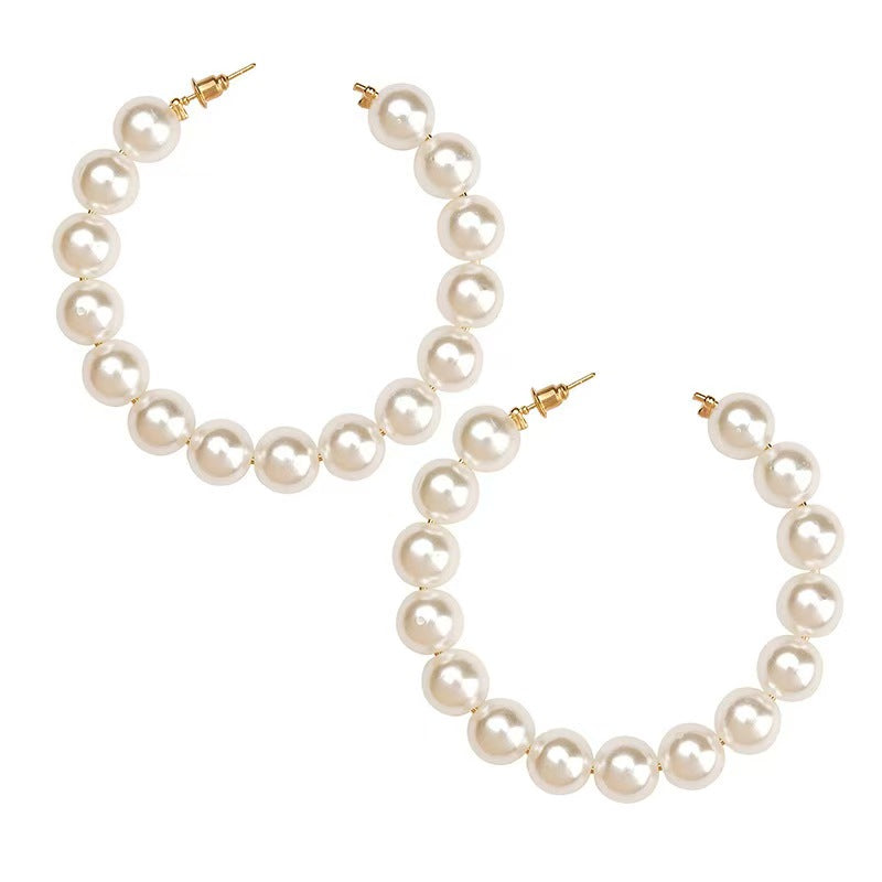 2026 New Fashion Large Hoop Pearl Earrings For Women, European American Style Versatile Exaggerated Statement Earrings