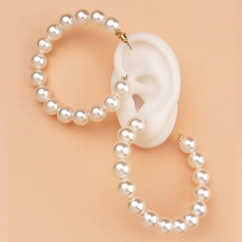 2026 New Fashion Large Hoop Pearl Earrings For Women, European American Style Versatile Exaggerated Statement Earrings