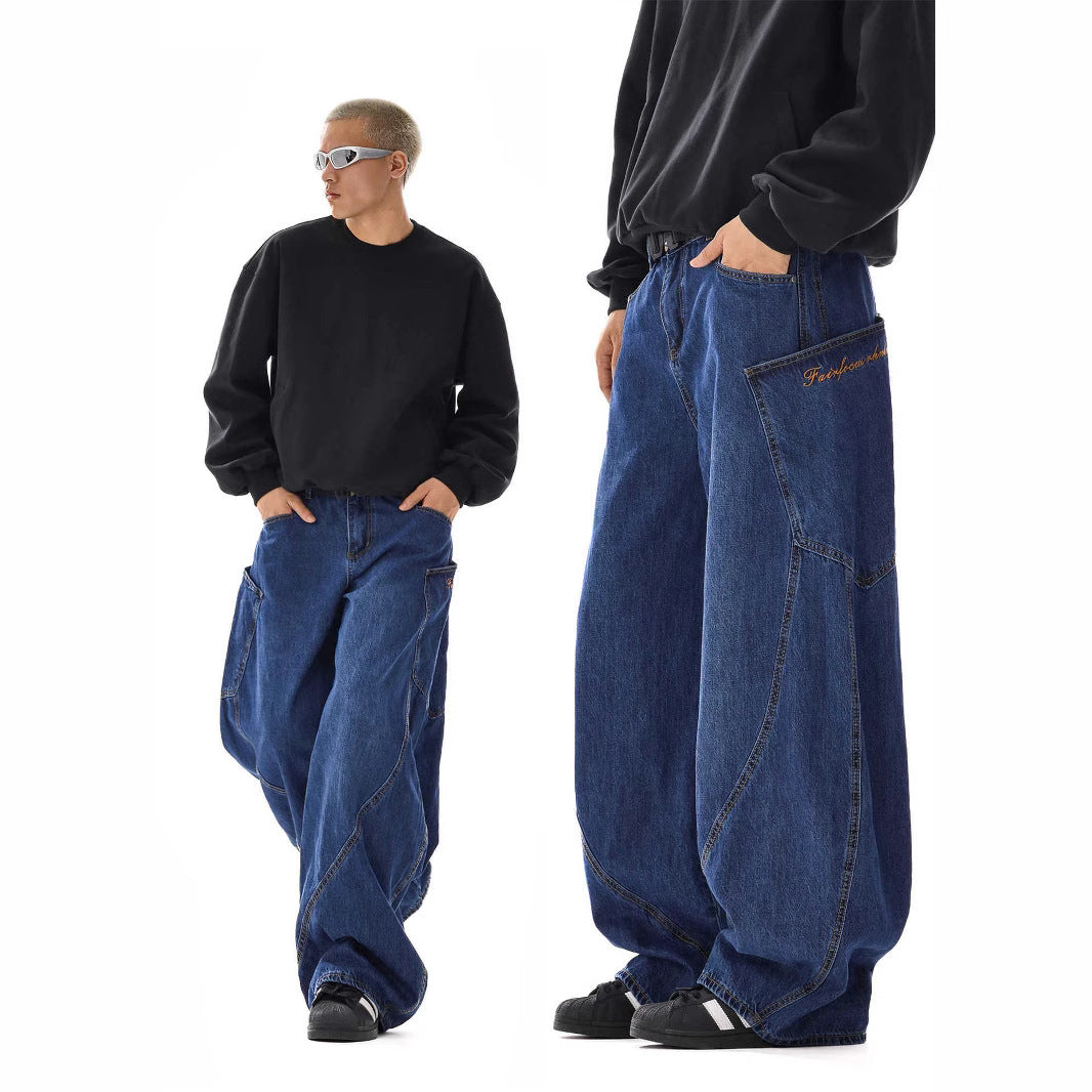 American-style Vintage Design Scimitar Workwear Jeans For Men And Women